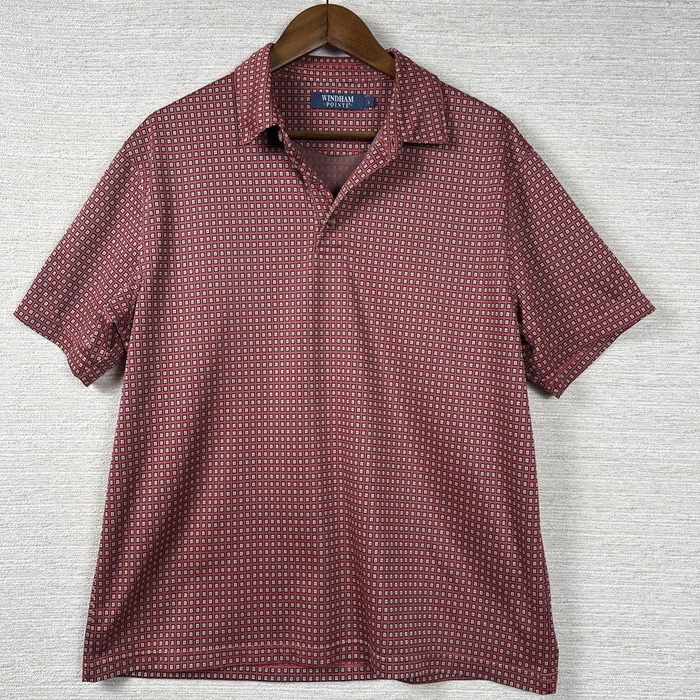 Windham Pointe Polo Shirt Large Red Geometric Print Golf Casual Performance Mens